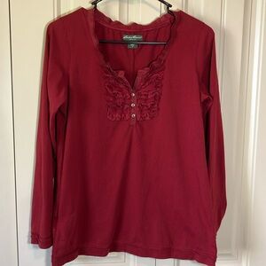Eddie Bauer red pull over Henley style cotton top ruffles at yoke